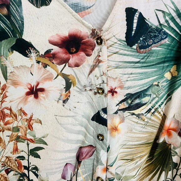 H&M Tie-Hem Blouse in Natural White/Patterned Floral Bird Print SZ 2 - Picture 5 of 7